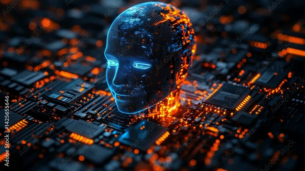 Poster glowing circuit head. a holographic head is illuminated among intricate circuit patterns and glowing