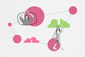 3D collage design composite trend artwork sketch of cloud memory data business meeting young lady...