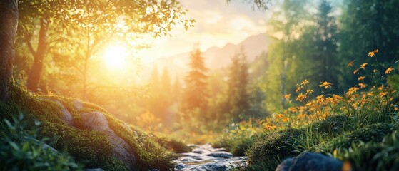 Obraz premium Close-up forest stream with sunlight and wildflowers. Active Summer Travel concept.