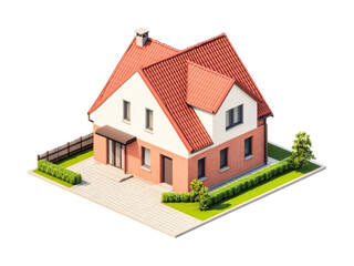 Modern suburban house with red roof and brick exterior, cut out - stock png.