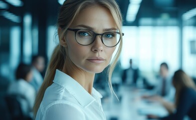 Fototapeta premium Empowered businesswoman leads team in modern office setting with focused collaboration and creative energy in full swing