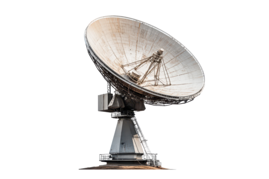 Large satellite dish antenna stands tall for communication and signal reception on clean white background