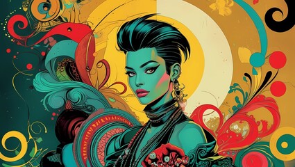 illustration poster featuring a fusion of art, culture, and fashion elements, with a mix of geometric shapes, abstract patterns, and ornate details