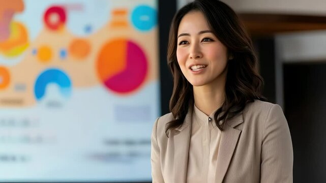 プレゼンやスピーチで聴衆に向かって話す日本人女性（講演・会社員・講師・起業・教育）