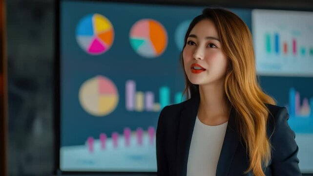 プレゼンやスピーチで聴衆に向かって話す日本人女性（講演・会社員・講師・起業・教育）