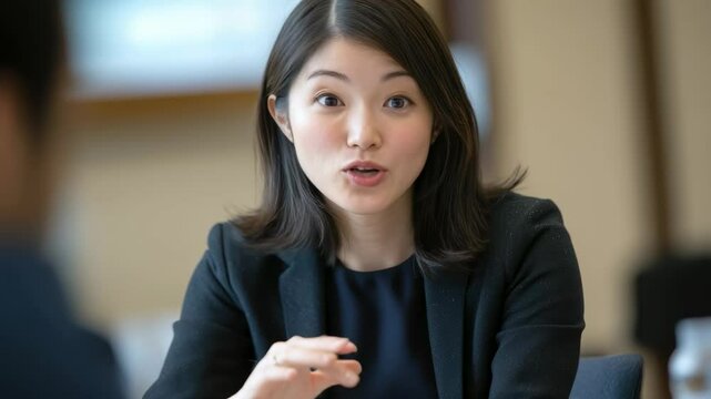 プレゼンやスピーチで聴衆に向かって話す日本人女性（講演・会社員・講師・起業・教育）