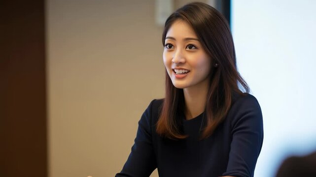 プレゼンやスピーチで聴衆に向かって話す日本人女性（講演・会社員・講師・起業・教育）