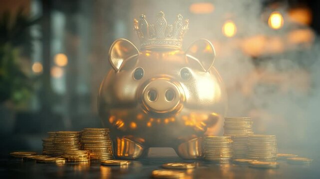 Golden piggy bank surrounded by coins. A golden piggy bank with a crown stands proudly among scattered coins, symbolizing wealth and savings in a cozy setting.