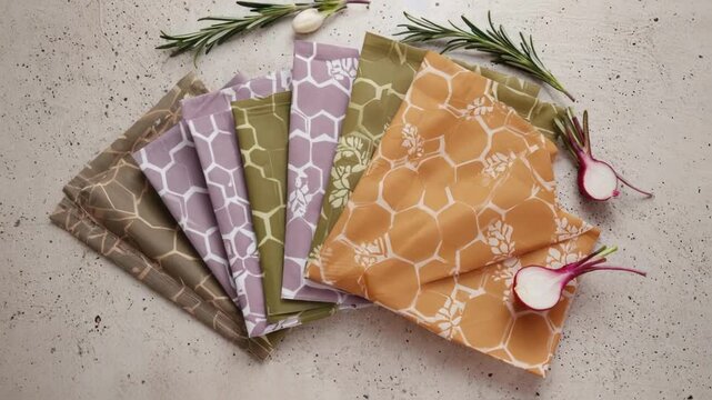 Colorful beeswax food wraps are displayed on a kitchen countertop with fresh herbs and cut radishes, showcasing a sustainable and eco friendly alternative to plastic wrap for food storage