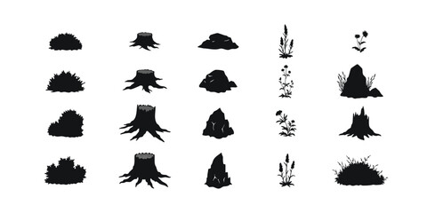 Naklejka premium Vector silhouette set of nature elements bushes stumps rocks and plants design