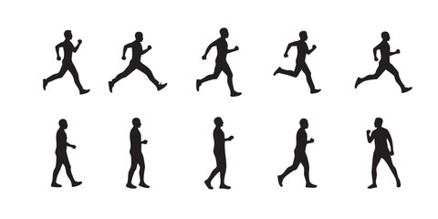 Running and walking silhouettes animation sequence vector illustration set