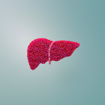 3D rendering of a liver made of colorful pixels symbolizing health and anatomy