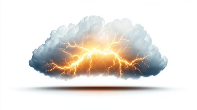 An isolated, stylized thundercloud with a vibrant, electric ripple effect, digitally rendered on a pure white background, perfect for design projects requi dramatic weather