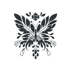 Vector linocut poster template with butterfly. Modern trendy minimal style. Black and white colors. Botanical blockprint. Hand drawn design for wallpaper, wall decor, print, postcard, cover, template.