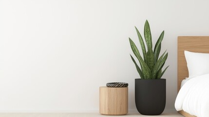 Minimalist bedroom interior with plant