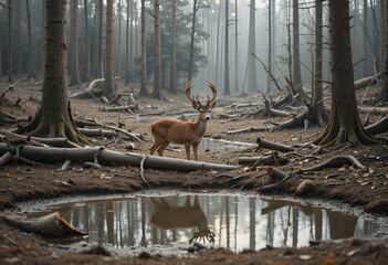 A deer stands alone in a barren landscape, surrounded by fallen trees and signs of deforestation, emphasizing species extinction threats