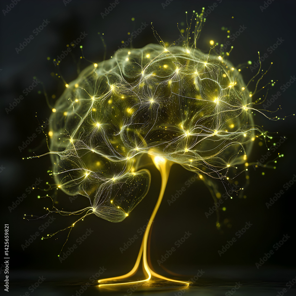 Poster brain's network illumination: an artistic rendering of the human brain, aglow with interconnected ne