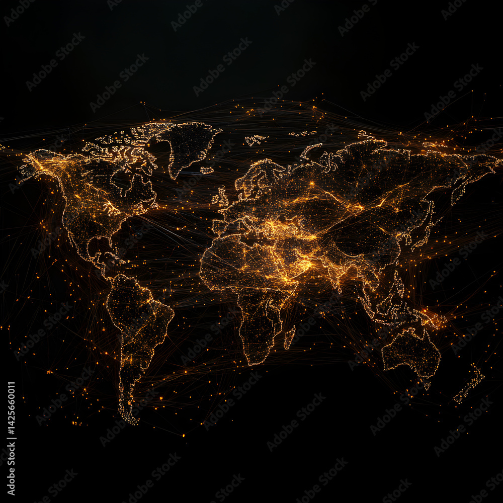 Poster global network: an illuminated world map, a digital representation of interconnected global communic