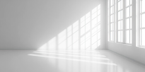 Obraz premium Modern minimalist interior design showcasing white room and natural light effects. Header banner mockup with copy space.