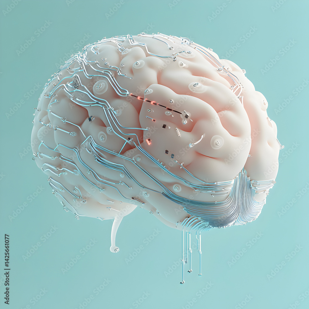 Poster brain and technology: a conceptual illustration of a human brain interconnected with technology, sym