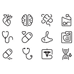 Set of Medical web icons in line black style. Medicine and Health Care, RX. Medicine, check, doctor, dentistry, pharmacy, lab, scientific discovery, collection. with white background