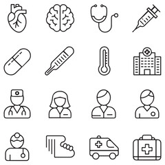 Set of Medical web icons in line black style. Medicine and Health Care, RX. Medicine, check, doctor, dentistry, pharmacy, lab, scientific discovery, collection. with white background