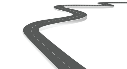 Winding road isolated on white background. Disappearing into the distance. The two-lane road with lane markings. Conceptual image. 3d rendering 
