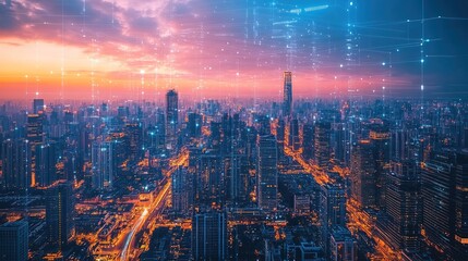 Fototapeta premium Digital Cityscape at Sunset