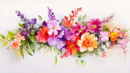 Artistic watercolor composition of flowers and leaves in an airy arrangement