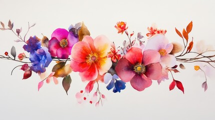 Artistic watercolor composition of flowers and leaves in an airy arrangement