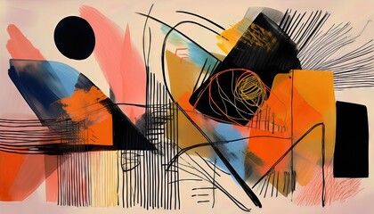 Abstract Collage of Geometric Black Scribbles and Marker Strokes on a Colorful Background with Vibrant Geometry, Expressing Modern Artistic Energy and Creativity.