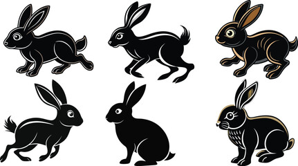 Black Silhouette Rabbit Clipart Set – Vector Bunny Illustrations for Design