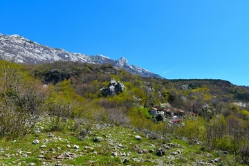 Mountain peak above a springtime forest in Pakenica national park, Croatia