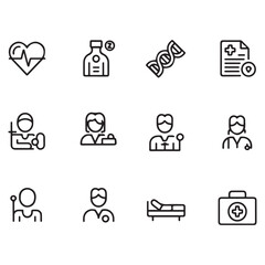 Set of Medical web icons in line black style. Medicine and Health Care, RX. Medicine, check, doctor, dentistry, pharmacy, lab, scientific discovery, collection. with white background