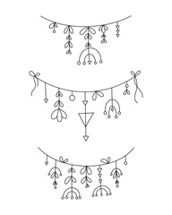 Decorative abstract garlands of geometric shapes, petals, leaves. Set of beautiful elements for postcards, letter decoration, coloring