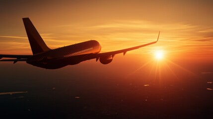 Airplane flying high in a beautiful scenic golden sunset