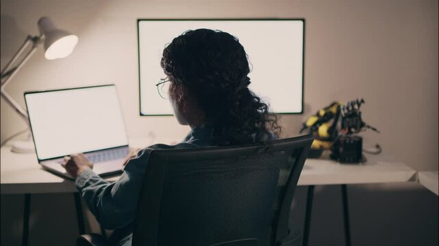 Woman engineer working alone in dimly lit office, illuminated by screen light and desk lamp. Night shift, coding, robotics development, and deep focus.