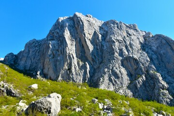 View of Anića Kuk climbing cliff with a forest bellow in Paklenica national park, Croatia