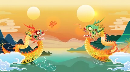 Obraz premium Dragon Boat Festival Future - themed Background: Technology Empowers Tradition, Embarking on a Fantastic Journey of Dragon Boat Festival Folklore and Future Imagination