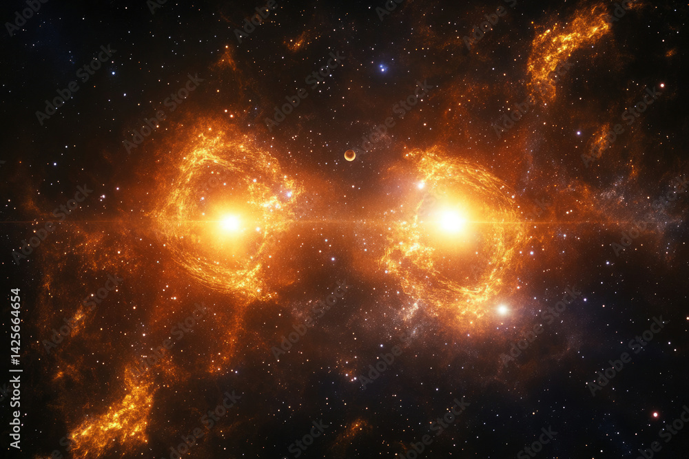 Poster a mesmerizing cosmic scene depicting two brilliant nebulae, possibly binary stars, emitting intense 