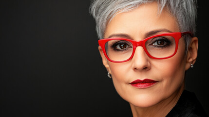 Confident middle-aged woman with red glasses close-up portrait for mature fashion magazine cover or blog post design