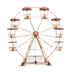 Rustic vintage ferris wheel with weathered metal structure, cut out - stock png.
