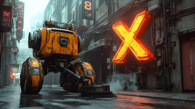Cyberpunk Robot Knight Glowing Neon Alley Night Scene Image