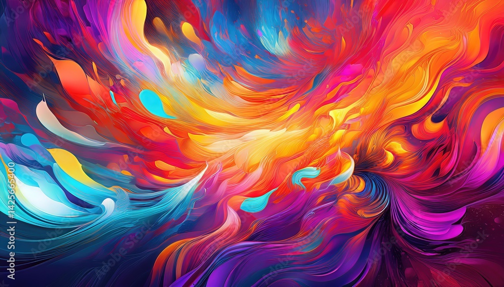 Poster Vibrant Abstraction Colorful Digital Masterpiece Pulsating with Energy, showcasing a Dazzling Array of Hues and Textures, Evoking Emotions in the Spectrum of Creativity.