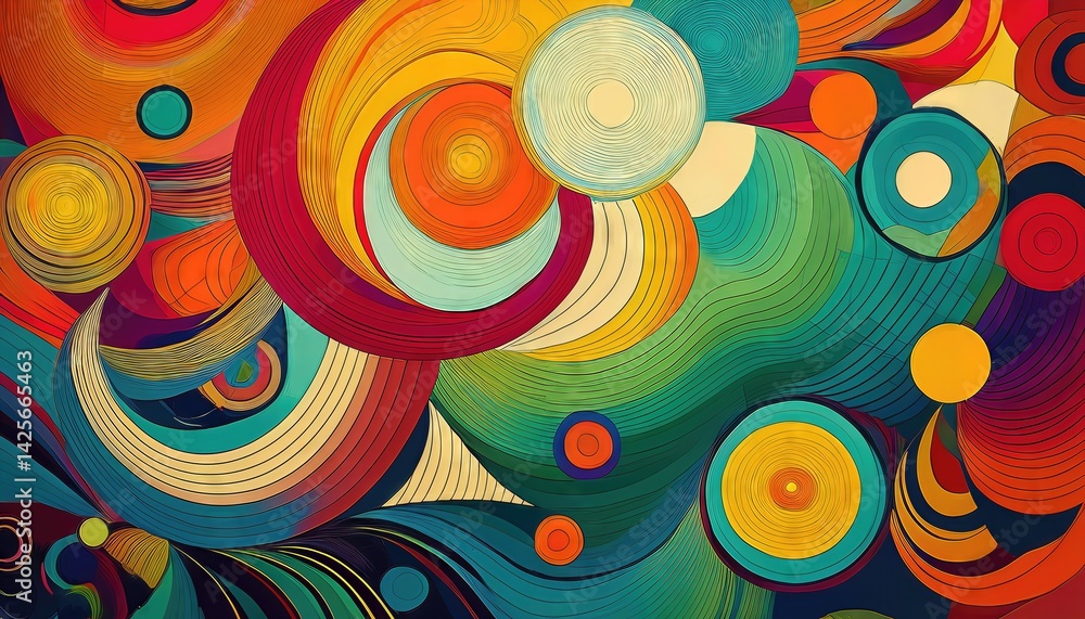 Poster aigenerated abstract geometric art vibrant colorful circles and curves in a kaleidoscopic dreamscape