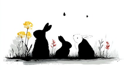 Silhouettes of Rabbits in Grassland  Minimalist Nature Art