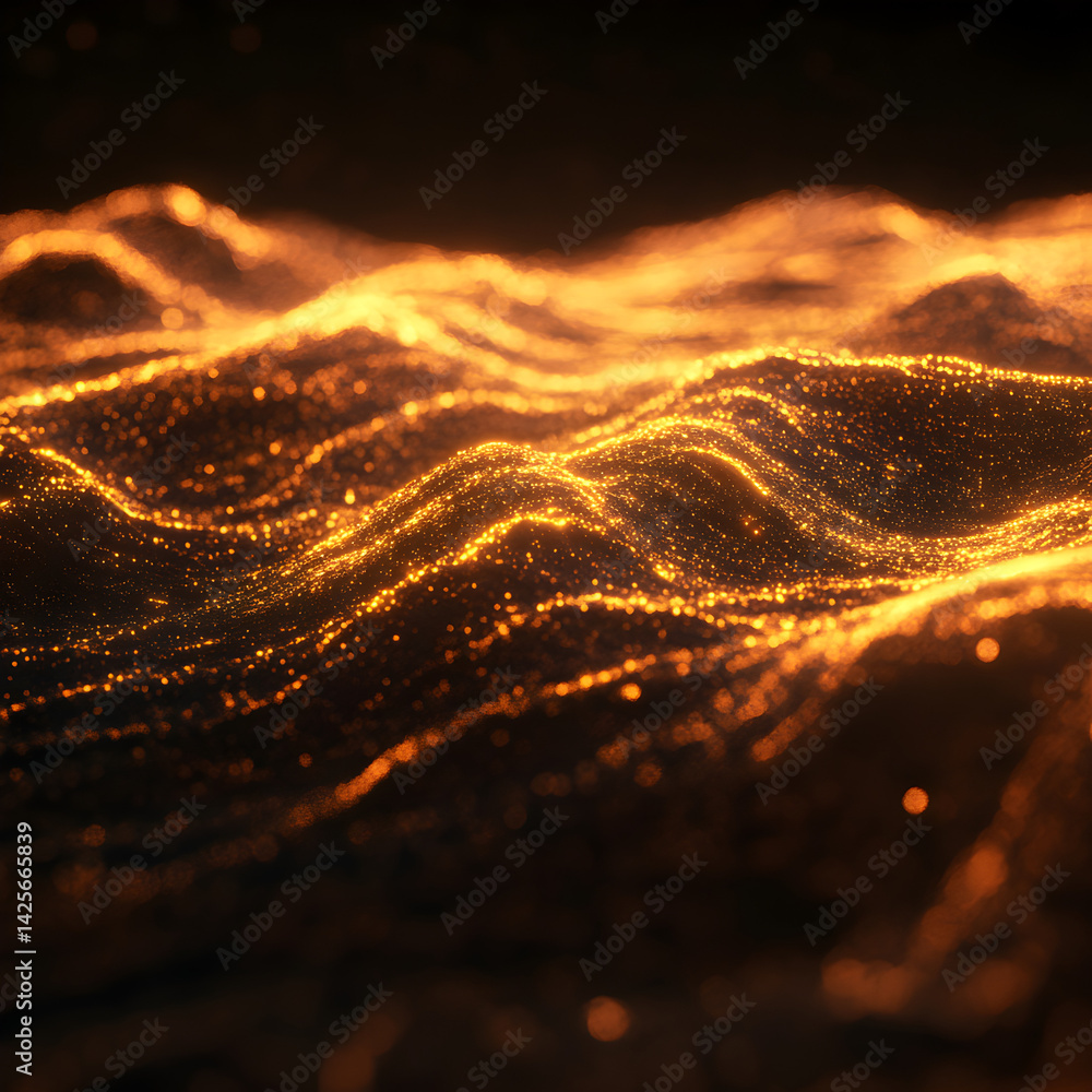 Poster glowing golden terrain: abstract and mesmerizing, undulating waves of radiant golden particles creat