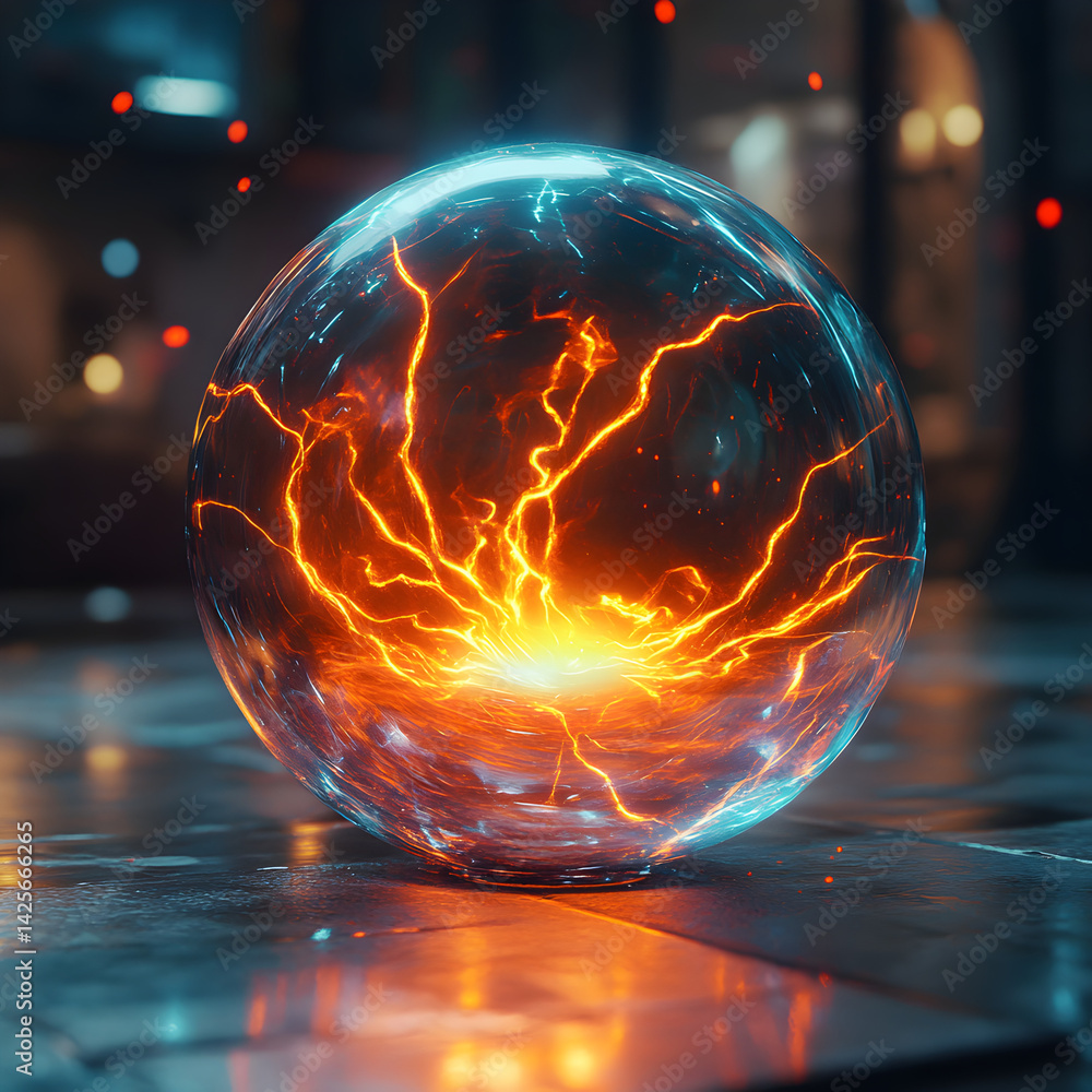 Poster energy orb: a captivating visual featuring a transparent orb pulsating with intense orange and blue 