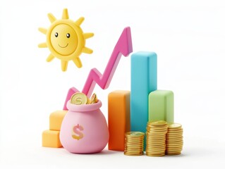Cute cartoon sun, rising graph, money bag, and stacks of coins on white background