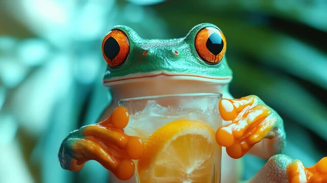 Close-up funny red-eyed tree frog holding glass of water with its orange webbed fingers,surreal anthropomorphic concept, clean minimal background.Animal humor hydration theme